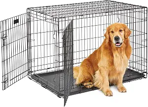 LifeStages by MidWest 42-Inch Double Door Crate, Large Breeds, 71-90 lbs | Folding Dog Crate with Divider Panel, Leak-Proof Tray & Secure Latch, Heavy-Duty & Easy to Assemble