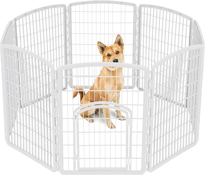 IRIS USA 8-Panel Dog Playpen, Pet Enclosure, White | Puppy Training, Multi-Shape Setup, Flexible Boundary, Custom Pen Configuration, Secure Door Latch, Stable Non-Tip Base