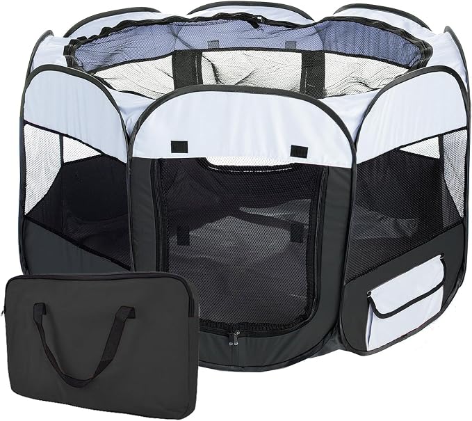 Pet Life All-Terrain Lightweight Wire-Framed Folding Collapsible Pet Playpen, Travel Cat and Dog Playpen, Features Breathable Mesh and Zippered Entrances with Carrying case