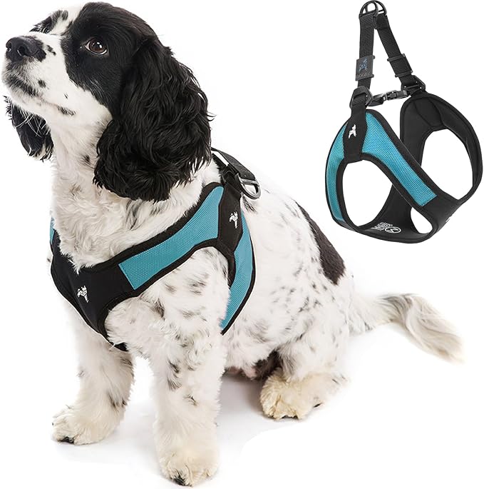 Gooby Escape Free Easy Fit Dog Harness, Step-in, Turquoise, Small | Patented escape-free frame; Contracts if they back out; Step-in easy on/off; Machine washable; Light POM leash ring