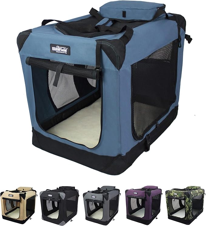 EliteField 3-Door Soft Dog Crate with Bed &amp; Carrying Bag (2-Year Warranty) | 3 Mesh Doors, Steel Frame, Removable &amp; Washable Crate Cover and Bed Cover, Storage Pockets, Indoor/Outdoor, Foldable