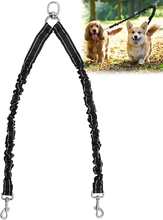 Snagle Paw Bungee Leash Extender, Double Dog Coupler, 0-30 lbs | 360° swivel limits tangles, reflective stitching, for walks, parks and night outings