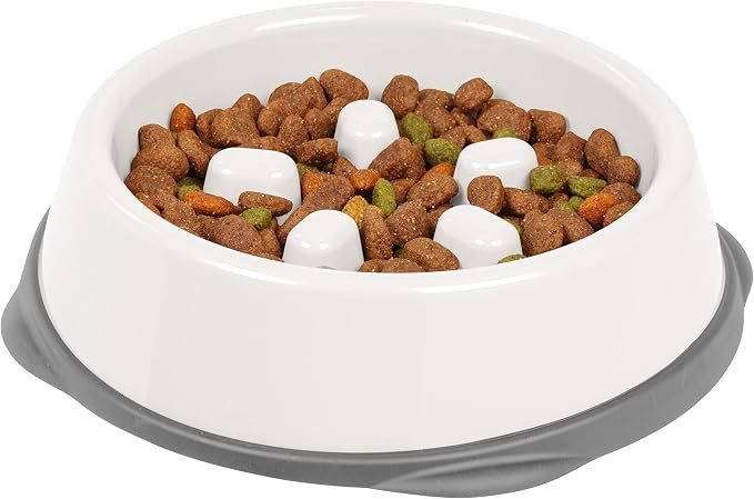 IRIS USA 2-Cup Slow Feeder Bowl, White/Gray | BPA-Free Plastic, Reduces Bloat &amp; Vomiting, Non-Slip Base, Dishwasher Safe, Short Snout