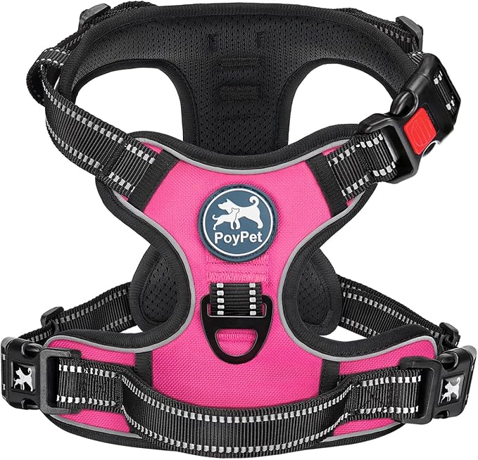 PoyPet No Pull Dog Harness Large with Front Clip & Neck Release Buckle | No Choke, Adjustable Vest, Reflective, Back Clip, Lockable, Soft Padded, Easy Control Handle for Walking Training, L, Pink