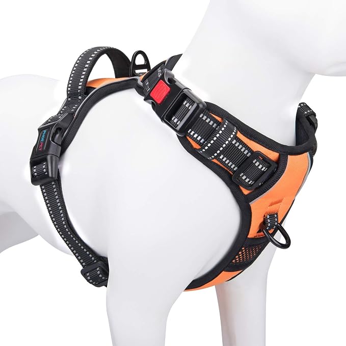 PHOEPET Reflective Dog Harness Large Breed Adjustable No Pull Vest | with Handle 2 Metal Rings 3 Buckles [Easy to Put on &amp; Take off](L, Orange)