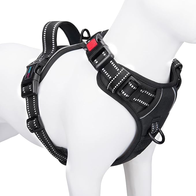 PHOEPET No Pull Dog Harness Medium Reflective Front Clip Vest with Handle | Adjustable 2 Metal Rings 3 Buckles ,[Easy to Put on &amp; Take off](M, Black)
