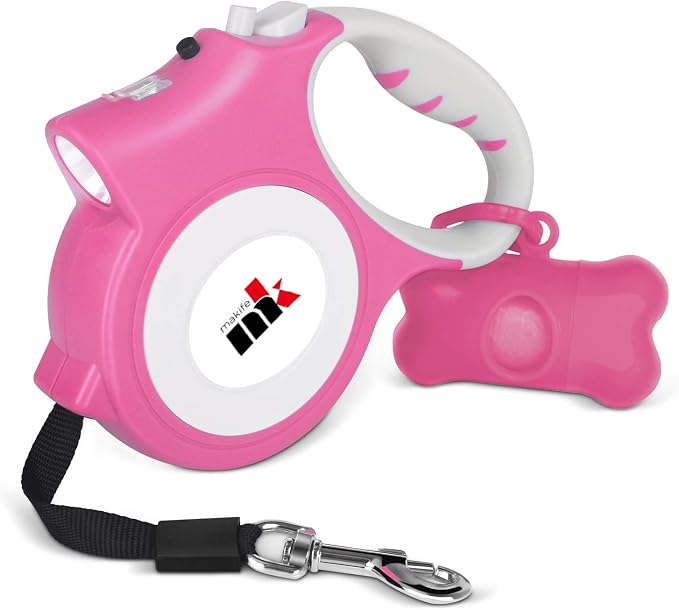 Retractable Dog Leash with LED Light Makife 5m Extendable Dog Lead for Small Medium Puppis up to 25kgs, One-Hand Brake &amp; Lock System, Ergonomic Handle - Pink