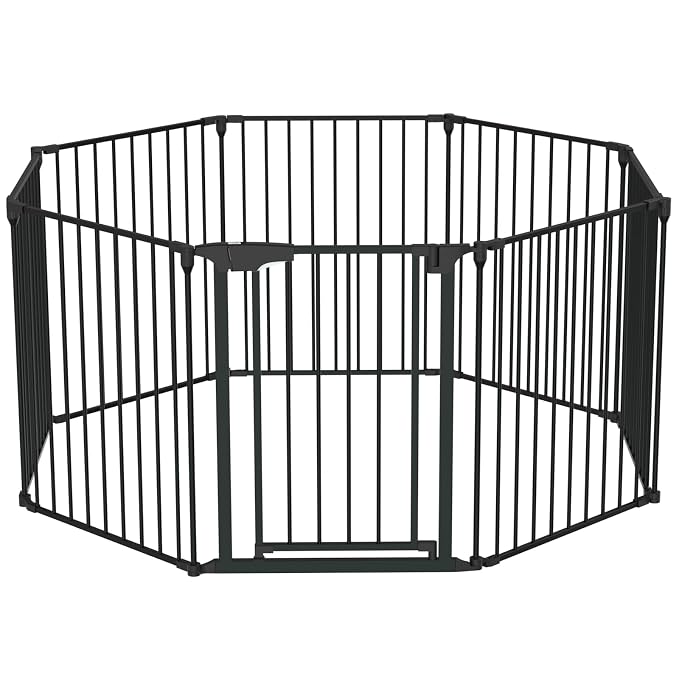 Bonnlo 208'' Wide Baby Gate Playpen 8 Panel Adjustable Play Yard Metal Dog Gate with Door Fireplace Christmas Tree Fence for Pet/Child/Toddler
