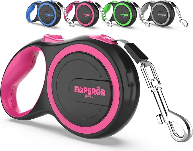 EMPEROR PETS 26.1 ft Retractable Dog Leash, for Dogs 10-110 lbs, Pink | Heavy-Duty Up to 110 lbs. Retractable leash for large dogs that pull. Anti-slip grip, reflective tape, swivel hook.