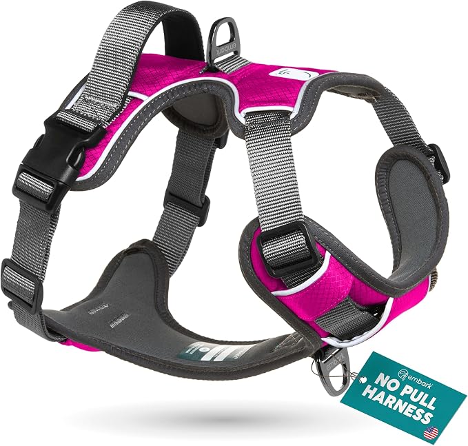 Embark No Pull Dog Harness, Reflective Adjustable Training Vest, No Choke | Adjustable straps fit all dog breeds with sturdy hooks; 360° reflective trim, soft padded Harness Design for All Dogs