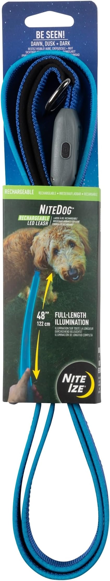 Nite IZE NiteDog Rechargeable LED Leash - Rechargeable LED Light Dog Leash with Padded Handle - Dog Walking Accessories for Walking & Running - 5 Feet, Blue