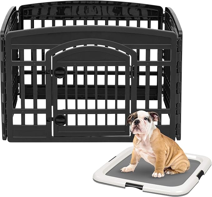 IRIS USA 24" Exercise 4-Panel Pet Playpen with Door and Square Training Pad Holder Set, Dog Playpen &amp; Potty Pad Holder for Puppies and Small Dogs, Easy Assemble, Easy Storing, Floor Protection, Black