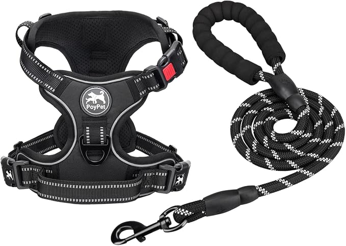 PoyPet Dog Harness and Leash Set, No Pull Vest with Front Clip and Handle | Escape Proof, Reflective, 3 Buckles, 2 D-rings, Adjustable, Soft Padded, 5 Feet Leash, for Walking Training, Black, M