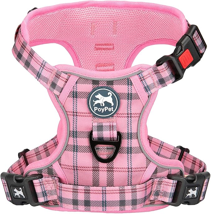 PoyPet Plaid Dog Harness Small, No Pull Vest with Front Clip & Neck Buckle | Padded Handle, Reflective, No Choke, Lockable, 2 Leash Rings, Full Adjustable, for Training Walking, S, Checkered Pink