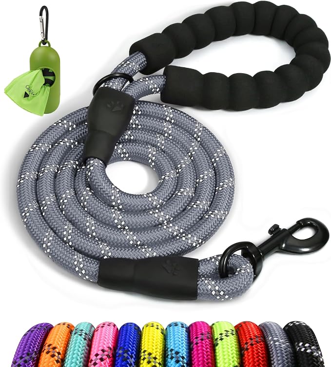 Taglory Rope Dog Leash for Medium Large Dogs, 6 FT Padded Handle, Grey | Climbing Rope for Strong Pullers, Reflective for Night Walks and Training, Comfortable Grip, Anti-tangle Swivel Clip 1/2 inch
