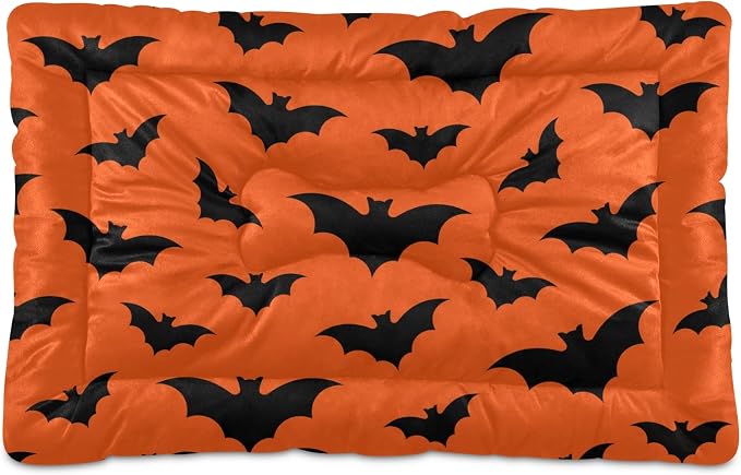 Mazeann Happy Halloween Dog Bed Mat for Small Dog Puppy Cat Kitten, Halloween Bats Pattern Ultra Soft Pet Bed Mattress for Crate with Anti-Slip Washable, Orange, 18 x 24 Inches