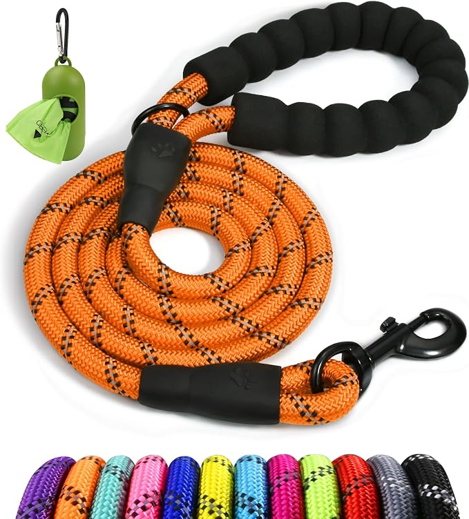 Taglory Rope Dog Leash for Medium Large Dogs, 6 FT Padded Handle, Orange | Climbing Rope for Strong Pullers, Reflective for Night Walks and Training, Comfortable Grip, Anti-tangle Swivel Clip 1/2 inch