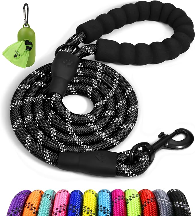 Taglory Rope Dog Leash for Medium Large Dogs, 6 FT Padded Handle, Black | Climbing Rope for Strong Pullers, Reflective for Night Walks and Training, Comfortable Grip, Anti-tangle Swivel Clip 1/2 inch