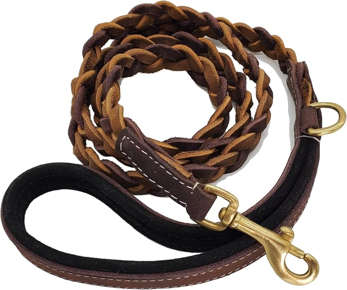 Blazing Paws Vibrania Super Soft Braided Leather Dog Leash, Heavy Duty with Side Ring, Full Braided in 3 Shades of Brown Distressed Leather (6 Ft L x 3/4" W, Brown Mix)
