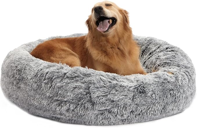 Bedfolks Calming Fluffy Donut Dog Bed for Large Dogs,Dark Grey, 36" Round | Fluffy Faux Fur Plush Pet Bed,Anti-Anxiety,Removable &amp; Machine-Washable Cover,Non-Slip Bottom,for Large Dogs Up to 100 Lbs