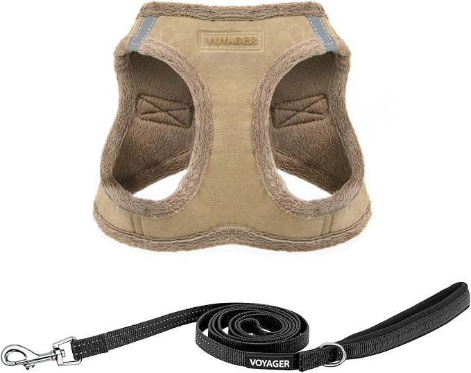Best Pet Supplies Voyager Step-in Plush Dog Harness - Soft, Step in Vest Harness and Reflective Dog 5 ft Leash Combo with Neoprene Handle for Small and Medium Dogs, Latte Suede, S
