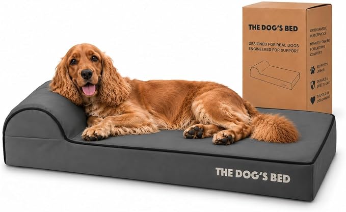 The Dog’s Bed Orthopedic Memory Foam Dog Bed with Headrest Medium 3-Inch | High Density Support Mattress, Removable Washable Cover CertiPUR-Certified Foam, Oxford Fabric, Grey with Black Trim