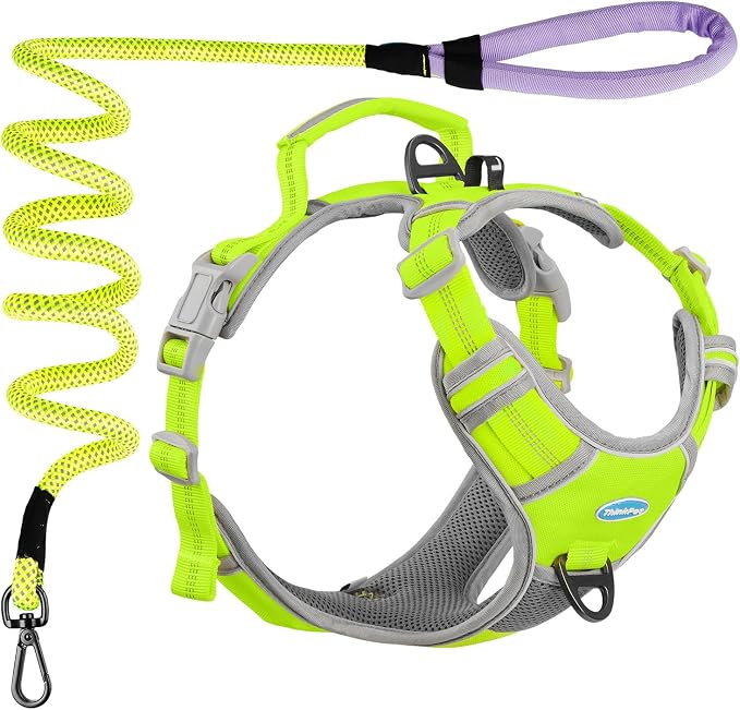 ThinkPet No Pull Harness Set Breathable Sport Harness with Handle - Reflective Padded Dog Safety Vest with Reflective Neon Dog Leash S Harness Leash Pack Green