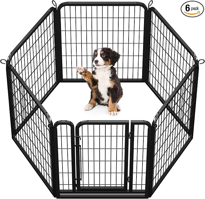 Topeakmart Dog Playpen Indoor 32 Inch 6 Panels Pet Fence for Yard/Camping | Easy Setup, Heavy-duty Metal Frame, Secure Latch Gate, Expandable Design, for Small & Medium Dogs
