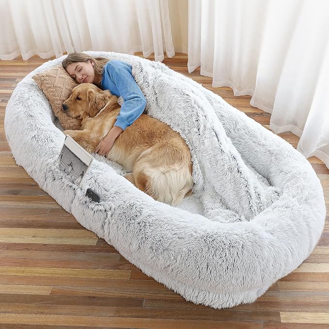 WROS Human Dog Bed for Adult, 71"x45"x12" Giant Calming Nest Beds, Grey | Human Size Dog Bed Washable Soft Faux Fur Cover, Orthopedic Foam Support, Non-slip Bottom, Includes Blanket, Strap &amp; Pillow