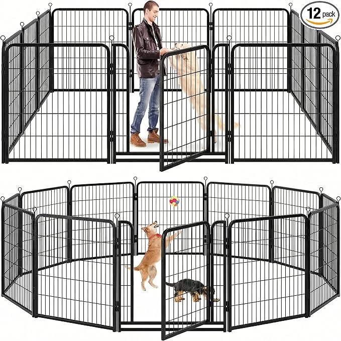 Kfvigoho Dog Playpen Outdoor Extra Wide 12 Panels Heavy Duty Dog Fence 40" | Anti-Rust Coating-Strengthened Dog Fence with Doors Portable for RV Camping Yard, Total 32FT, 79 Sq.ft, Snowy Black