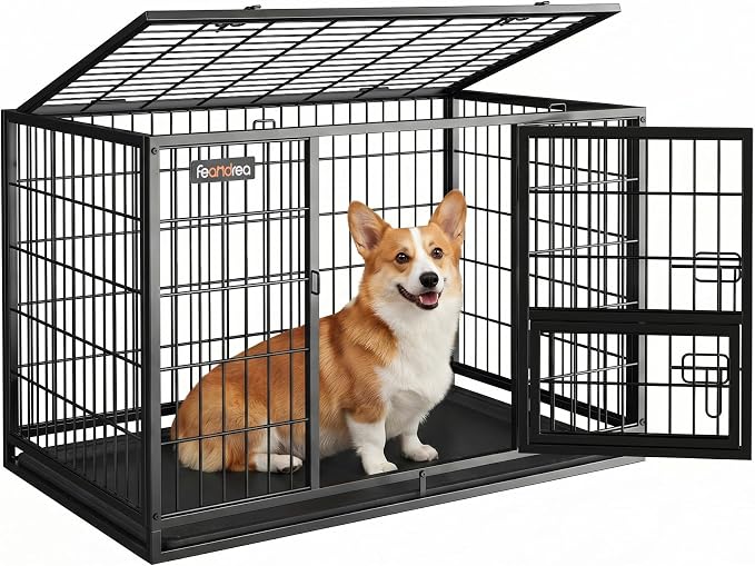 Feandrea 36.4" Heavy-Duty Dog Crate, Convenient Feeding Door, Double Doors | Escape-Proof Metal Kennel, L Dog Cage for Medium and Small Dogs, Removable Tray, Easy to Clean, Black, For Training, Home