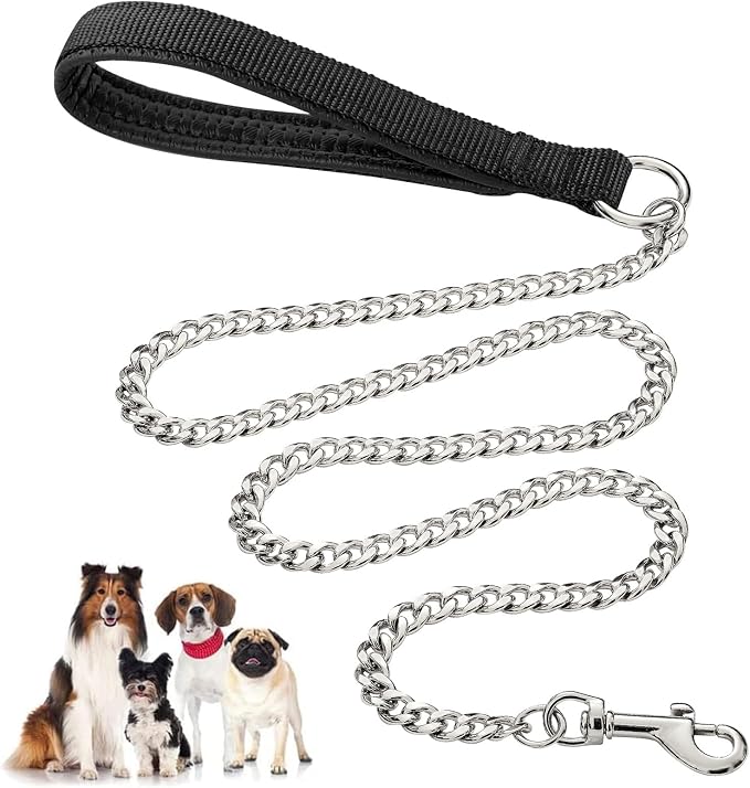 Heavy Duty Metal Dog Leash, 4 FT Chew Proof Pet Leash Chain with Soft Padded Handle for Large &amp; Medium Size Dogs (4 FTx3 mm (0-80 lbs))