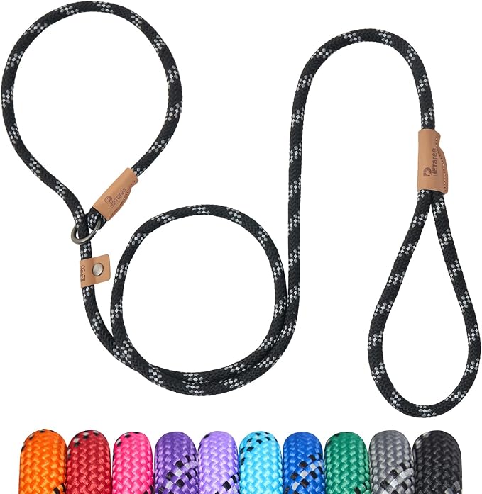 Petarea 5 FT Slip Lead Dog Leash, Heavy Duty Rope Leash for Small Medium Large Dogs, No Pull Training Lead with Reflective Thread, Strong Comfortable Loop Leash (Black Stripe, Medium(3/8"))