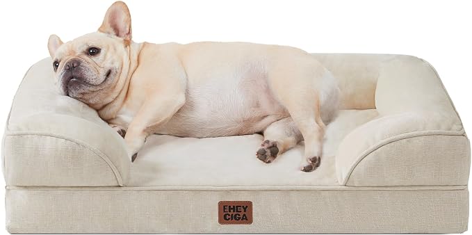 EHEYCIGA Orthopedic Dog Bed Medium Size Dog, Waterproof Washable Pet Beds | Non-Slip Bottom and Egg-Crate Memory Foam Dog Couch Bed with Washable Removable Cover, Beige