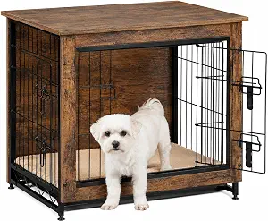 Yaheetech 27.5in Wooden Dog Crate Furniture w/Cushion for Small Medium Dogs | Furniture-style Design Kennels,Double Door Side End Table,Adjustable Non-slip Feet,Secure Latch Door,Sturdy Stable Structure