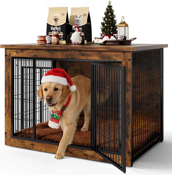 Wooden Dog Crate Furniture with Thick Cushion, Indoor Side Table Dog Kennel | Double Doors & Chew-Resistant Frame, Multi-purpose Dog House for Small to Large Dogs