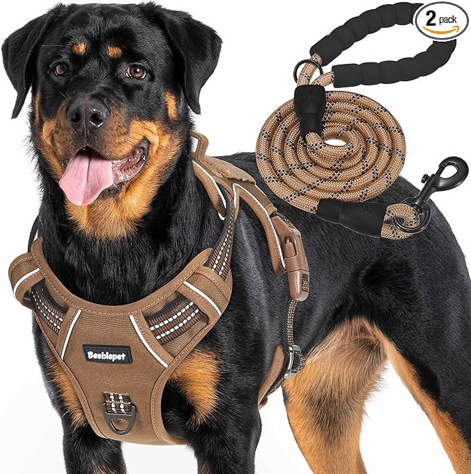 Beebiepet Tactical No Pull Dog Harness with Leash, Large, Brown | Heavy-Duty Adjustable Pet Harnesses with Handle, Reflective Military K9 Style Pet Vest with 2 Leash Clips Walking Training