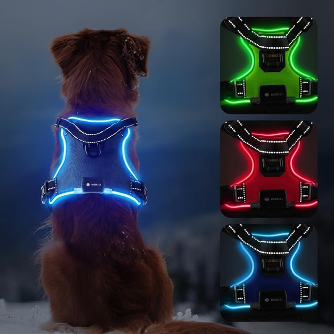 MASBRILL LED Dog Harness - No Pull Light Up Rechargeable Reflective Glow Vest for Sizes Small to Large