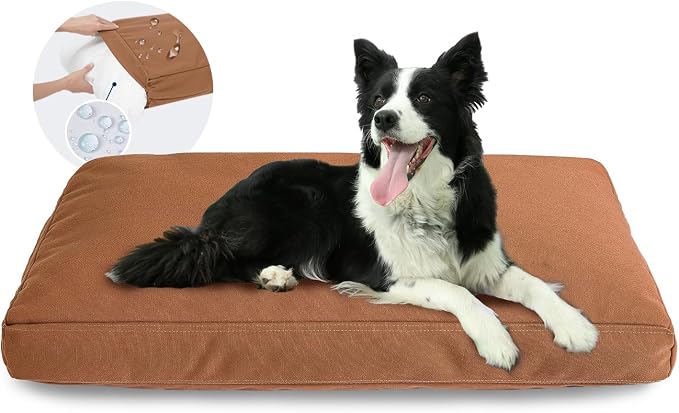 Miguel Canvas Dog Bed, 14 oz Heavy Duty Outdoor Pet Bed with Water-Resistant Liner, Removable Washable Cover, Pillow for Crate, Patio, Car, Large Dogs up to 80 lbs, 40x30 inch, Caramel
