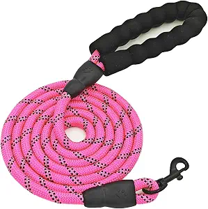 Myslie Heavy Duty Rope Dog Leash, 6.5 FT with Comfortable Padded Handle & Highly Reflective Threads, Tangle-Free Training Walking Leash for Small, Medium and Large Dogs (Pink, 6.5FT)