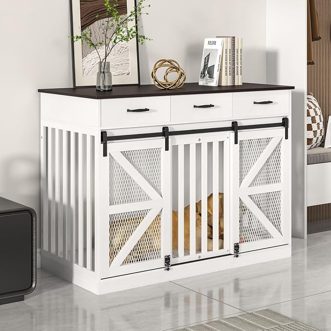 Saudism 2-in-1 Farmhouse Dog Crate Furniture - Wooden Large Dog Kennel with Drawers Storage - Double Doors - Indoor TV Stand - Inner Height: 24 Inches - Ideal for One Big Dog or Two Small Dogs