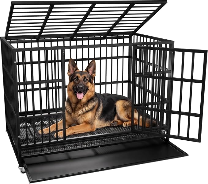 KOKOTANGS 48 Inch Heavy Duty Dog Crate Cage with Wheels, Indestructible and Escape Proof Steel Kennel Indoor for High Anxiety Dogs with Sturdy Locks, Double Door and Tray, Extra Large XL XXL, Black