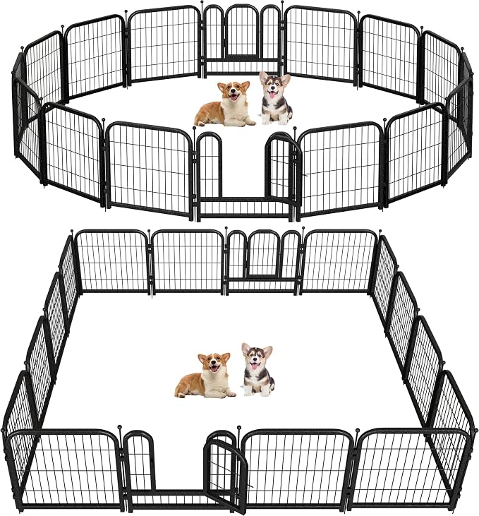 Petorldog Metal Dog Playpen 24in H 16 Panels Heavy Duty Dog Fence | Heavy-Duty Panels, Tool-Free Assembly, Flexible Layouts, Camping and RV Use, Large Medium and Small Dogs, Black-Silver