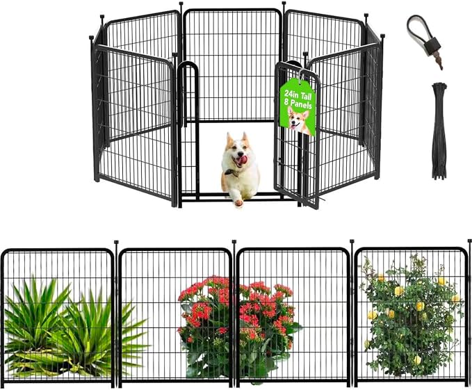 Getlay Dog Playpen 24 inch(H) 8 Panels Dog Fence Outdoor for Yard. Wide Door Low Threshold,Metal Dog Pen Heavy Duty Pet Puppy Exercise Pen for Rv Camping Garden Yard, Total 15.7 Ft(L)