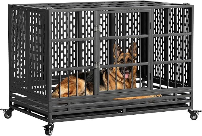 Snuowu 48 Inch Heavy Duty Dog Crate with Wheels, Metal Big Dog Cage for Large and Medium Dogs, Extra Large XL XXL Indestructible Dog Crate with Removable Tray.