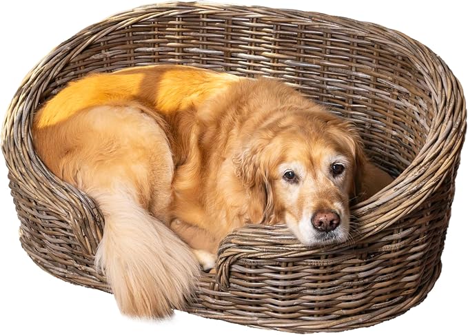 THE LICKER Store DBD1001A Curvy 33" x 21.25" Classic Handwoven Rattan Dog Bed with Machine-Washable Cushion, Kubu Gray