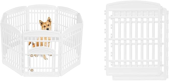 IRIS USA 34" 8-Panel Pet Playpen with Door, Medium Large Dog Secure Easy Assemble Easy Storing Customizable + 34''H 2 Add on Panels, Heavy-Duty Molded Plastic Rust-Free Non-Skid Rubber Feet, White
