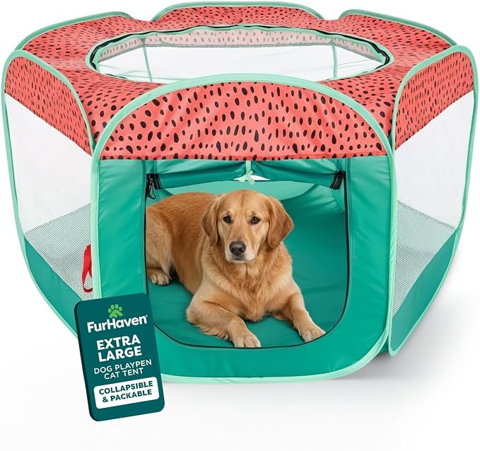 FurHaven Soft-Sided Dog & Cat Playpen, Portable Foldable Indoor & Outdoor Pet Playpen with Mesh Windows & Zippered Door, Green & Pink, Extra Large