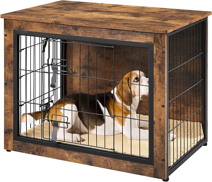 Yaheetech 32in Wooden Dog Crate Furniture w/Cushion for Small/Medium Dogs | Furniture-style Design Kennels,Double Door Side End Table,Adjustable Non-slip Feet,Secure Latch Door,Sturdy Stable Structure