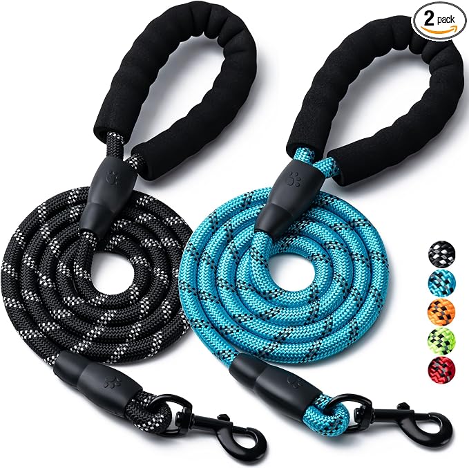 2 Pack Dog Leash, Heavy Duty Nylon Rope Pet Leashes(6FT-1/2,Black/Blue) | Comfortable Padded Handle, Anti-tangle Swivel Clip, Reflective for Night Walks and Training, Climbing Rope for Strong Pullers